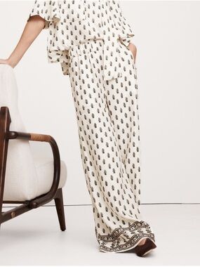 Banana Republic High Rise Wide Leg Printed Pant Boho Linen Blend Pockets Size Lg